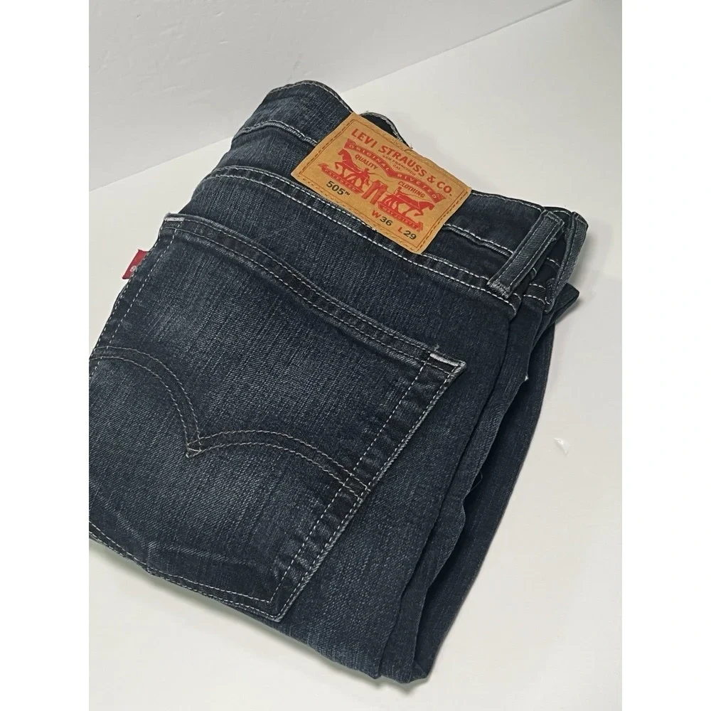 Levis 505 Jeans Mens 34X29 Blue Straight Leg Distressed Dark Wash 5 Pocket Denim